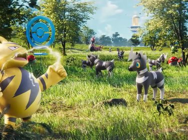 Ein Elektek, einige Zebritz, Cerapendra, zwei Voltobal, ein Weberak und weitere Pokémon auf einer grünen Wiesen mit einem Pokéstop