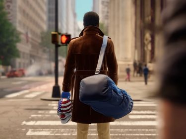 Ein Agent steht an der Ampel einer Straßenkreuzung in einer Großstadt in PAYDAY 3