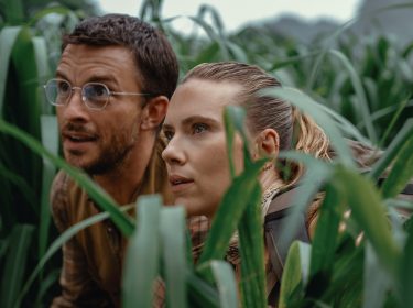 Auf dem Bild siehst Du eine Szene aus Jurassic World: Die Wiedergeburt. Links ist Jonathan Bailey als Paläontologe Dr. Henry Loomis zu sehen, rechts Scarlett Johansson als die verdeckte Einsatzspezialistin Zora Bennett. Beide ducken sich in dichtem, grünen Gras und blicken konzentriert in die Ferne, als würden sie eine Bedrohung beobachten.