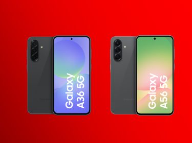 Auf dem Bild sind die neuen Smartphones Samsung Galaxy A36 & A56 zu sehen. Beide Geräte werden in einer schwarzen Farbvariante präsentiert, mit großem Display und einer Triple-Kamera auf der Rückseite. Das Samsung Galaxy A36 5G hat ein blau-grünes Displaydesign, während das Samsung Galaxy A56 5G in Grün-Rot erscheint. Der Hintergrund ist leuchtend rot.