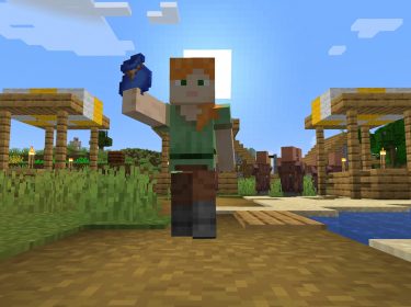 Auf dem Bild in dem Artikel zu den Minecraft-Fakten ist der Charakter Alex aus dem Spiel Minecraft zu sehen. Sie hält einen blauen Papagei in der Hand und steht im Zentrum eines Dorfs mit Holzständen und mehreren Dorfbewohner:innen im Hintergrund. Die Szene wirkt lebendig und freundlich, typisch für die detailreiche Spielwelt von Minecraft.