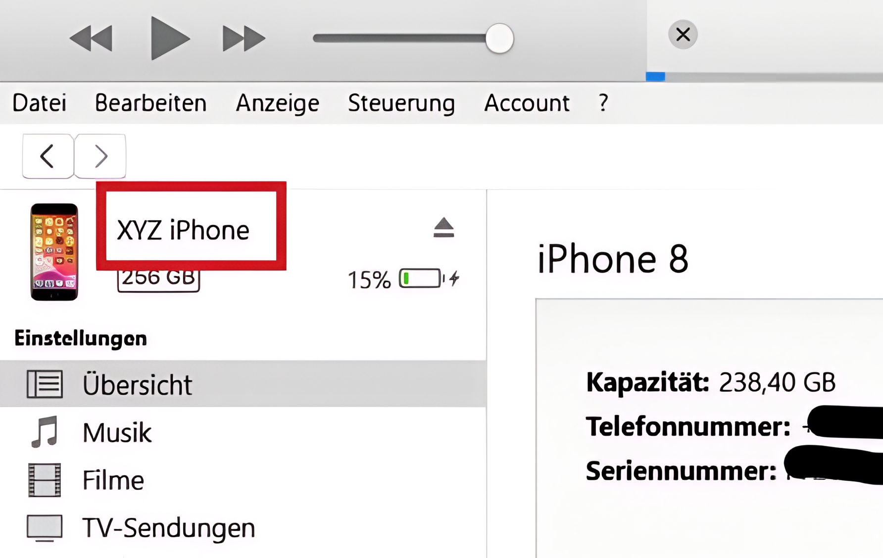 Zu sehen ist die iPhone Übersicht innerhalb von iTunes.