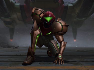In Metroid Prime 4: Beyond ist die Kopfgeldjägerin Samus Aran in einer heroischen Pose direkt nach der Landung zu sehen.