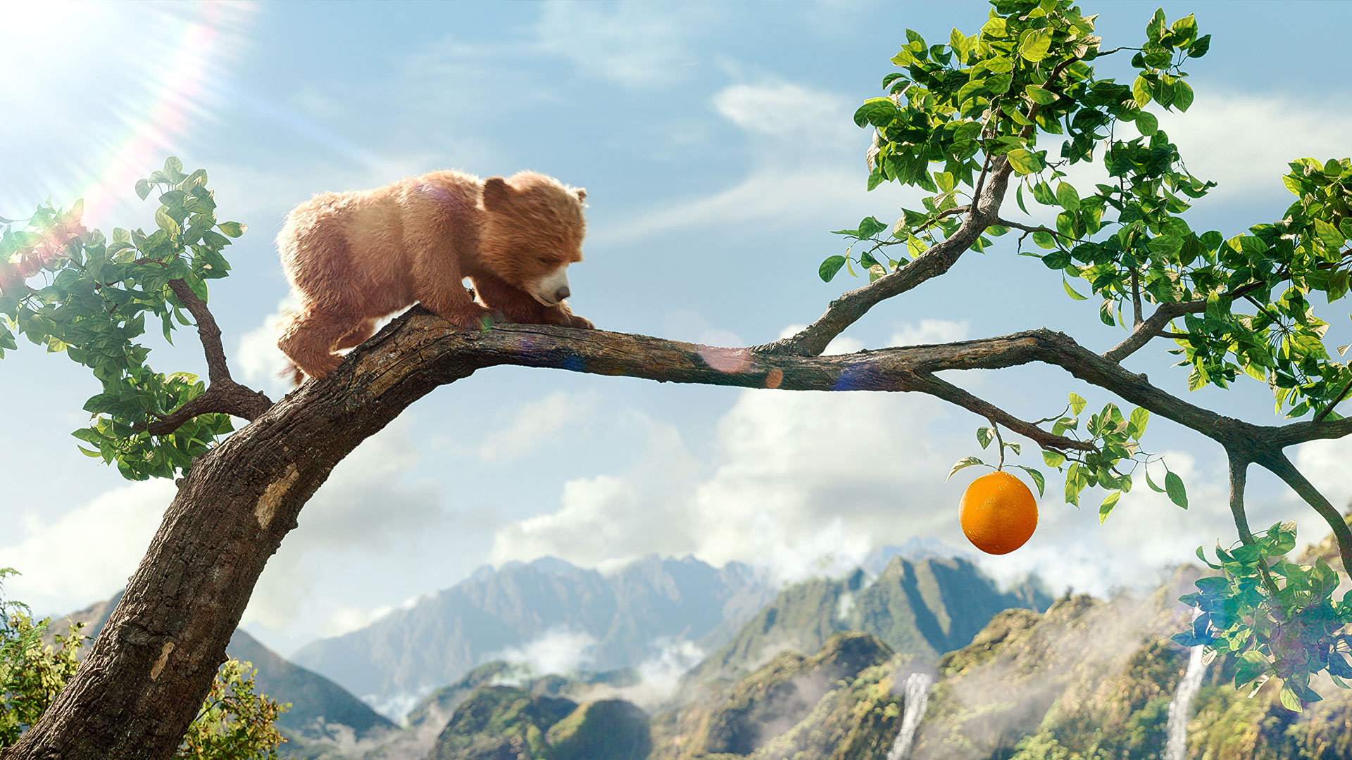 Das Bild zu den GigaTV-Highlights im Mai zeigt eine Szene aus dem Film „Paddington in Peru“. Ein junger Bär, vermutlich Paddington als Jungtier, balanciert vorsichtig auf einem Ast hoch über einer üppigen Berglandschaft. Er schaut konzentriert auf eine leuchtend orangefarbene Frucht, die am Ende des Zweigs hängt. Die Szene wirkt abenteuerlich und naturverbunden.