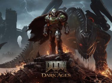Auf dem Bild zum Spiel Doom: The Dark Ages Test ist der Doom Slayer in schwerer, grüner Rüstung mit schwarzen Schulterplatten und bedrohlicher Haltung zu sehen. Im Hintergrund erhebt sich ein riesiger, drachenähnlicher Mech mit leuchtenden roten Augen. Die Szene wirkt düster, apokalyptisch und energiegeladen, mit rauchigen Ruinen und zuckenden Blitzen im Himmel.