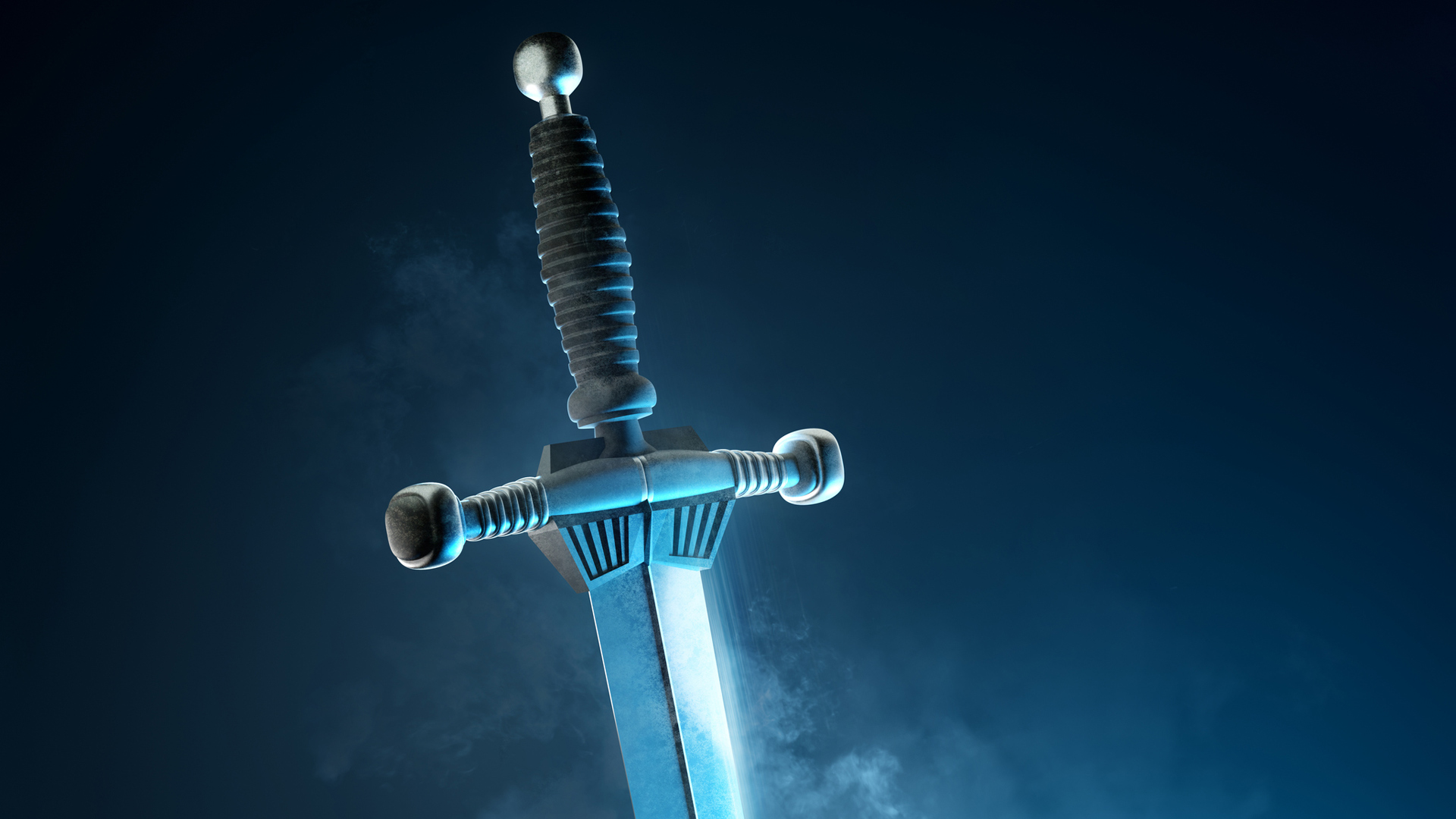 Symbolbild zur möglichen Quicksilver Buchverfilmung: Ein stilisiertes Schwert ragt in aufrechter Position in den nebligen Nachthimmel. Die Klinge ist hell beleuchtet, der Griff rustikal mit Rillen gestaltet. Die Szene vermittelt eine mystische, fast alchemistische Atmosphäre – passend zur düsteren und geheimnisvollen Stimmung des Romans.