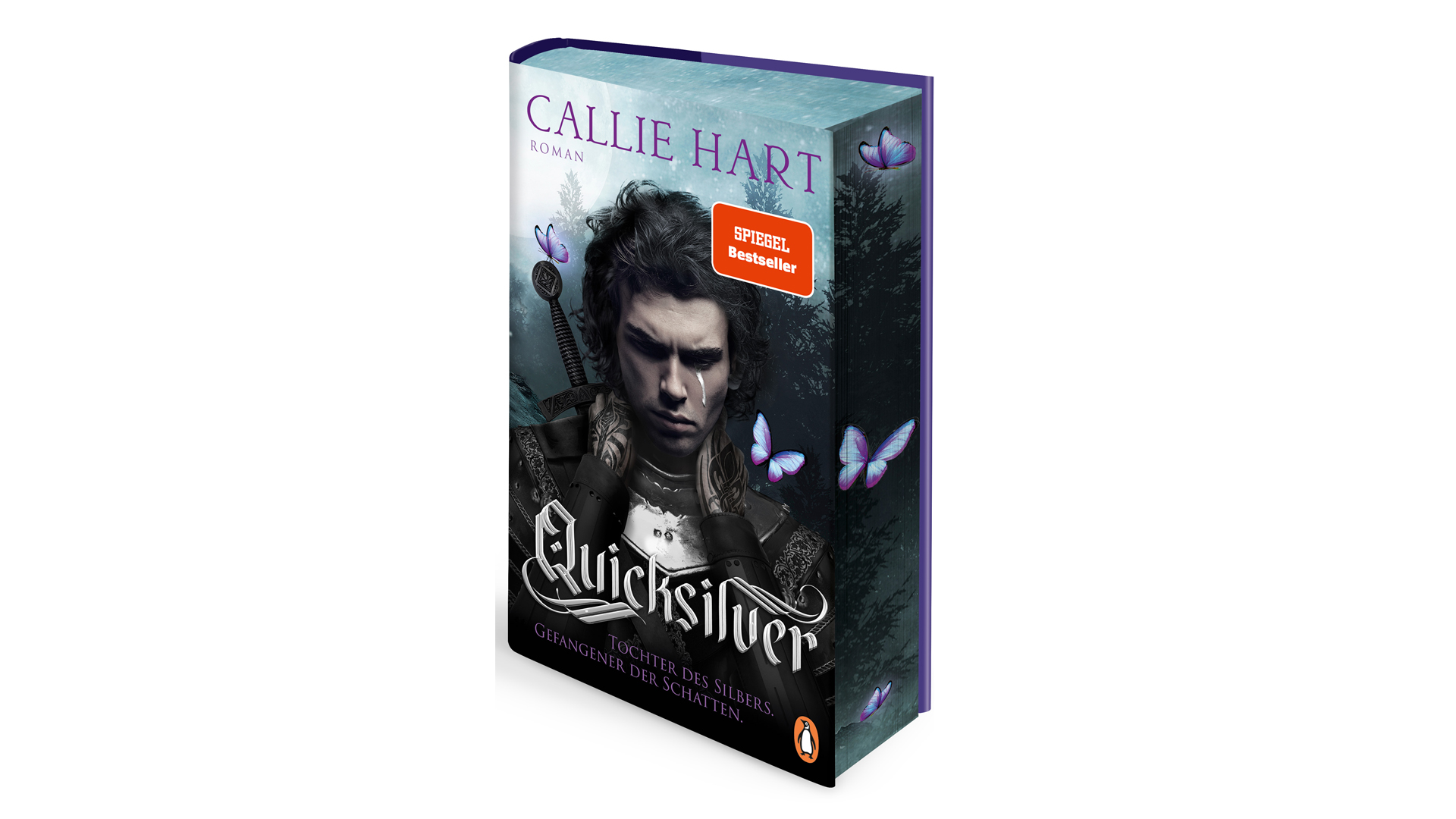 Auf dem Cover des Romans Quicksilver – Tochter des Silbers, Gefangener der Schatten von Callie Hart, das zur Quicksilver Buchverfilmung inspiriert, ist Kingfisher in dunkler Rüstung mit ernster Miene zu sehen. Ein Schwert ist auf seinem Rücken sichtbar, lila Schmetterlinge umfliegen ihn, im Hintergrund ein düsterer Wald.