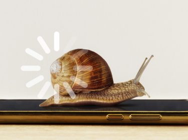 Eine Schnecke kriecht über ein Handy.