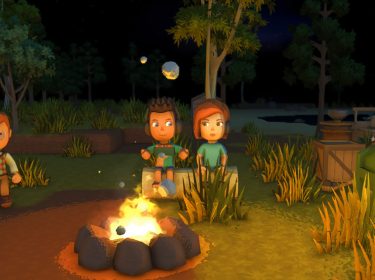 Theodore und zwei Spieler:innen halten sich in „Dinkum“ in der Nähe eines Lagerfeuers auf.