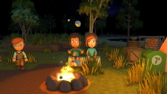 Theodore und zwei Spieler:innen halten sich in „Dinkum“ in der Nähe eines Lagerfeuers auf.