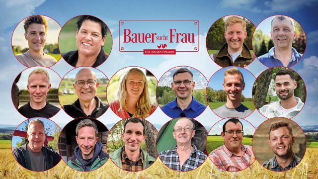 Bei Bauer sucht Frau 2025 sind auf dem Gruppenbild sechzehn Landwirtinnen und Landwirte in runden Porträts zu sehen. Vor ländlicher Kulisse lächeln die Kandidat:innen freundlich in die Kamera und geben einen ersten Eindruck der neuen Staffel.