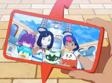 Die drei Protagonist:innen aus „Pokémon Horizonte“ mit ihren Pokémon Krokel, Felori und Kwaks.