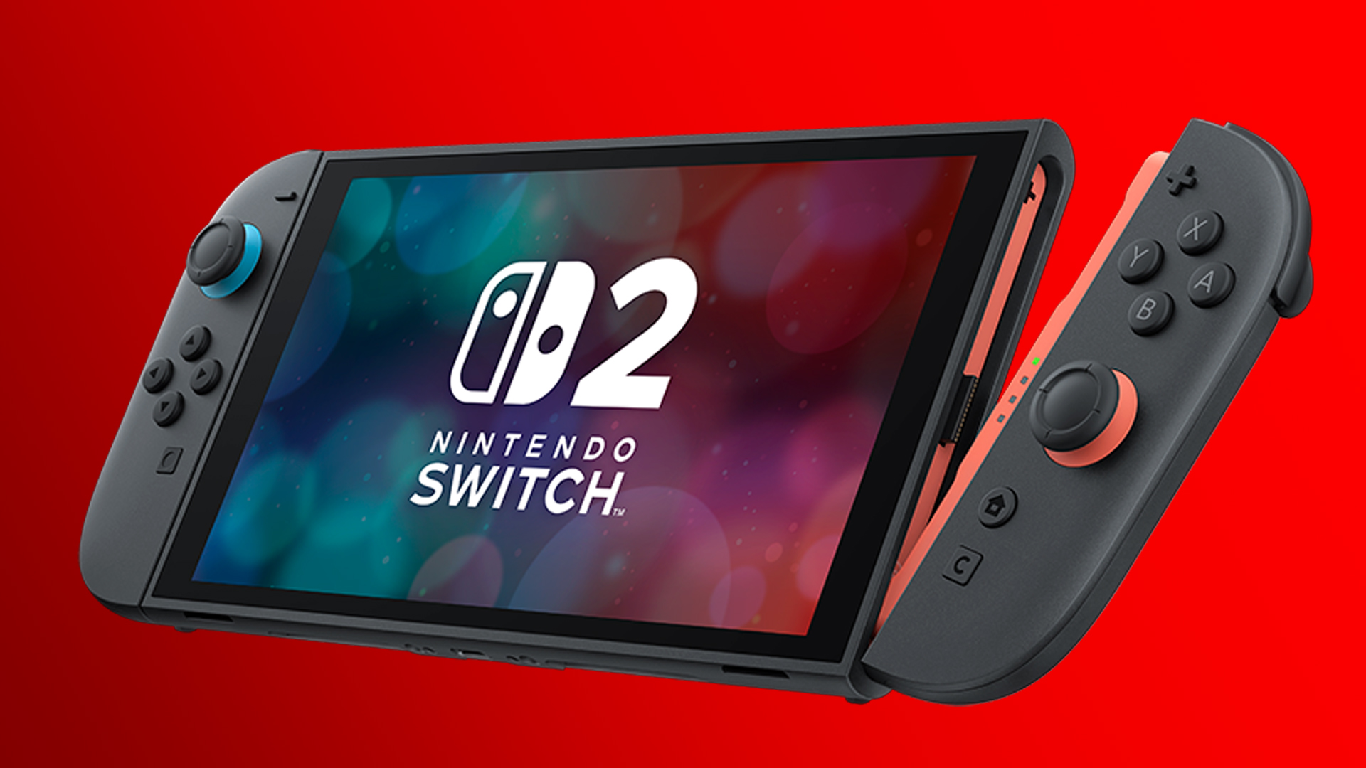 Das Bild zeigt die Nintendo Switch 2 mit einem teilweise gelösten Joy-Con-Controller auf der rechten Seite, was auf ein neues Magnetsystem zur Befestigung hinweist. Der Bildschirm zeigt das Nintendo-Switch-2-Logo vor rotem Hintergrund. Die abnehmbare Steuerung illustriert exemplarisch die Switch 2 vs. Switch 1 Unterschiede in der Controller-Technologie und Verbindungsmethode.
