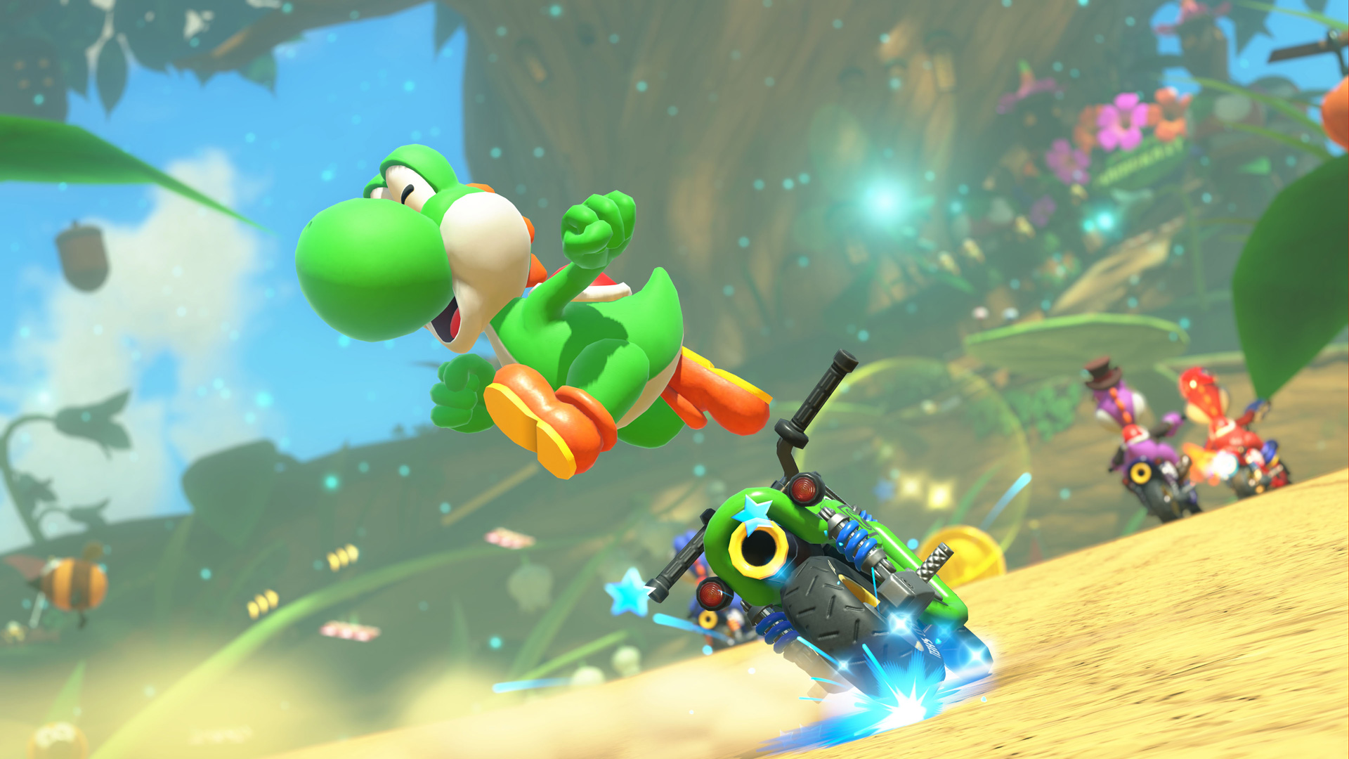 Im Bild zu Mario Kart World Tipps springt Yoshi dynamisch von seinem grünen Motorrad in eine farbenfrohe Waldstrecke. Der Hintergrund zeigt übergroße Pflanzen, Bienen und weitere Fahrer, die auf einem sandigen Weg unterwegs sind. Die Szene wirkt verspielt und actiongeladen, mit leuchtenden Farben und typischem Nintendo-Charme.