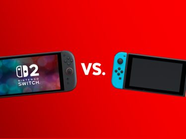 Das Bild zeigt einen direkten Vergleich zwischen der Nintendo Switch 2 (links) und der Nintendo Switch 1 (rechts) auf rotem Hintergrund. Zwischen den beiden Konsolen steht prominent ein „vs.“, das den Kontrast unterstreicht. Die Darstellung macht die Switch 2 vs. Switch 1 Unterschiede in Design, Displaygröße und Joy-Con-Form auf einen Blick deutlich.