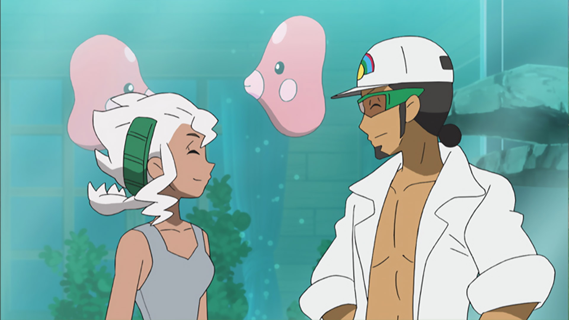 Zwei Liebiskus und beide Professoren in der Jubiläumsfolge in der 1.000. Folge (Staffel 21) von „Pokémon“.
