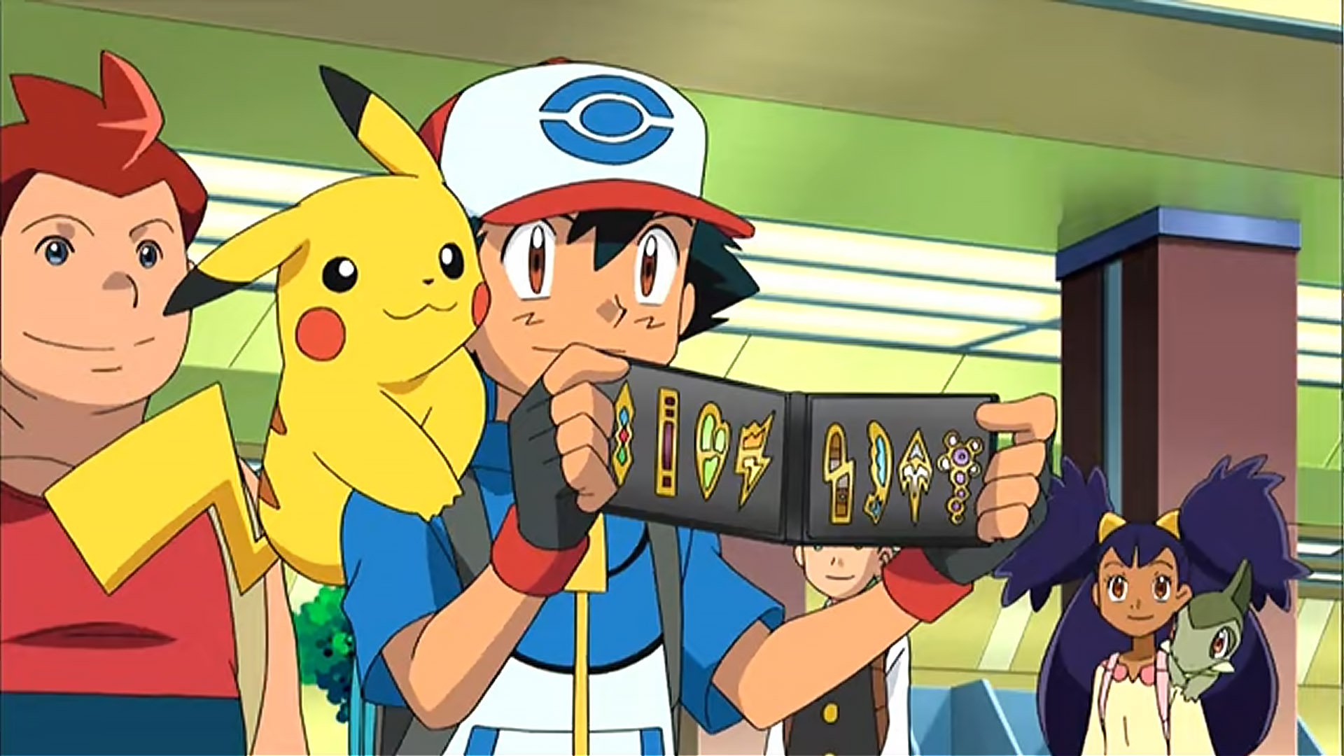 Ash mit allen Orden in „Pokémon Schwarz und Weiß“.