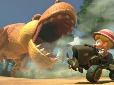 Baby Peach weicht einem Monster in „Mario Kart World“ aus.