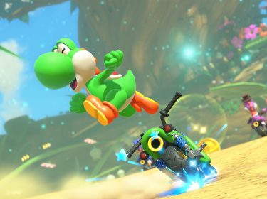 Screenshot von Joshi, der auf einem Motorrad durch die Welt von „Mario Kart World“ fährt.