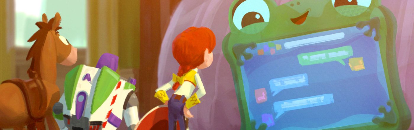 Diese Zeichnung zu Toy Story 5 zeigt Buzz Lightyear, Jessie und das Pferd Bullseye in einem Kinderzimmer, wie sie vor einem großen, fröhlich dreinblickenden Frosch mit Bildschirmgesicht stehen. Auf dem Bildschirm sind bunte Chatblasen zu sehen.