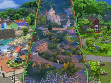 Auf dem Bild aus Die Sims 4 Zauber der Natur ist eine bunte Stadtansicht zu sehen. Links stehen farbenfrohe Häuser und eine Statue eines Gartenzwergs, während die Mitte des Bildes durch eine magische Welt mit Blumen, Elfen und einem Brunnen geprägt ist. Rechts dominieren Gärten, Pflanzen und ein rotes Haus inmitten einer grünen Landschaft.