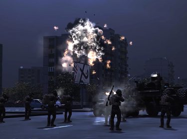 In einer Stadt im Spiel „Broken Arrow“ ist ein Hochhaus unter Beschuss.