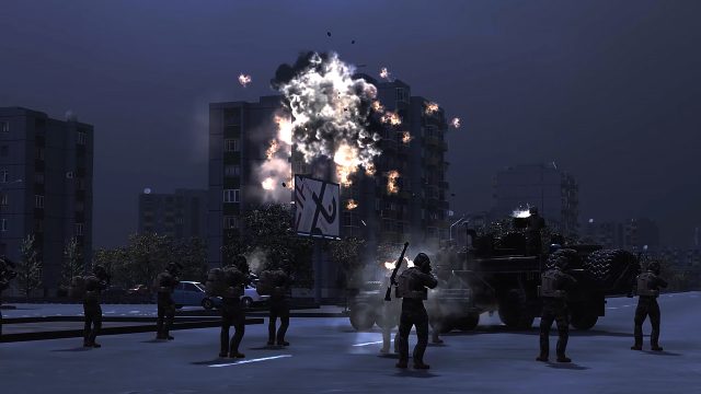 In einer Stadt im Spiel „Broken Arrow“ ist ein Hochhaus unter Beschuss.
