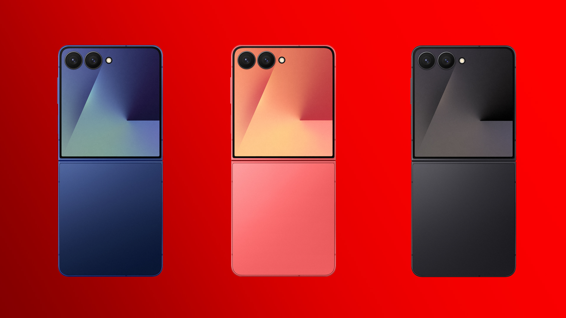 Es wird die Farbauswahl des neuen Samsung Galaxy Z Flip7 gezeigt. Links ist die Farbe Blue Shadow zu sehen, mittig die Farbe Coral Red und rechts die Farbe Jetblack.