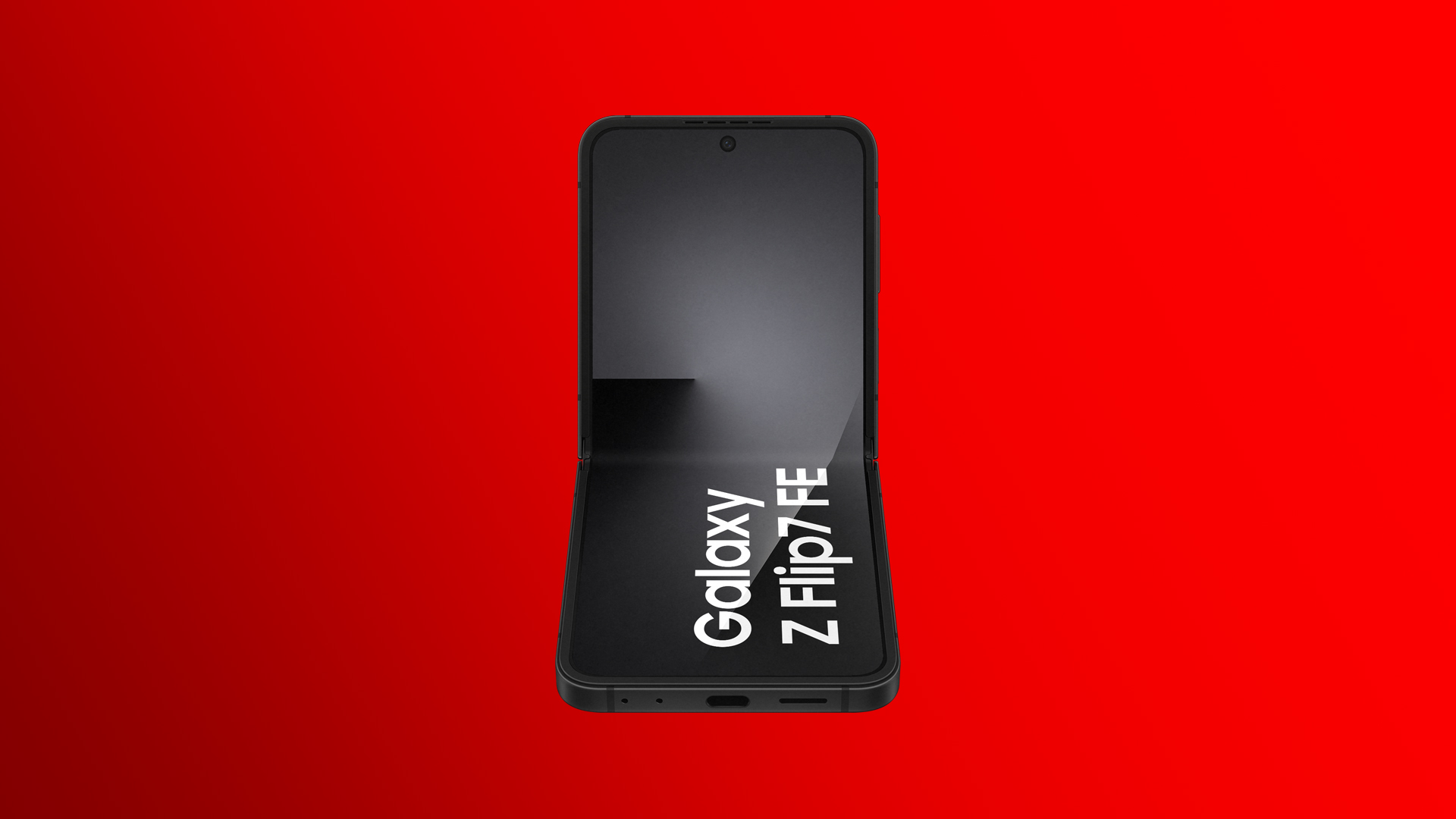 Das Samsung Galaxy Z Flip7 FE im halb aufgeklappten Zustand vor rotem Hintergrund.