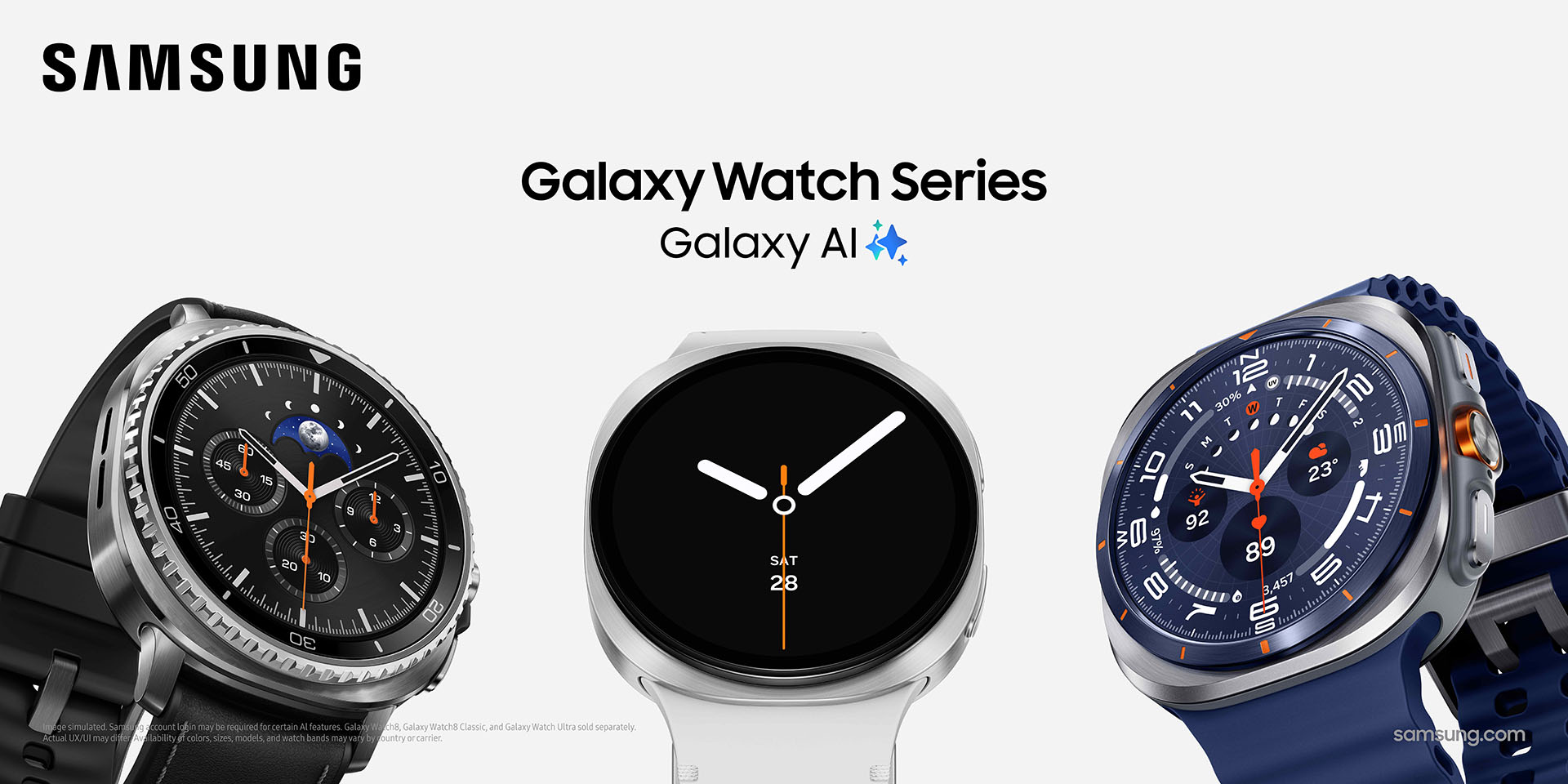 Die Galaxy Watch8, Watch8 Classic und Watch Ultra (2025) vor weißem Hintergrund.