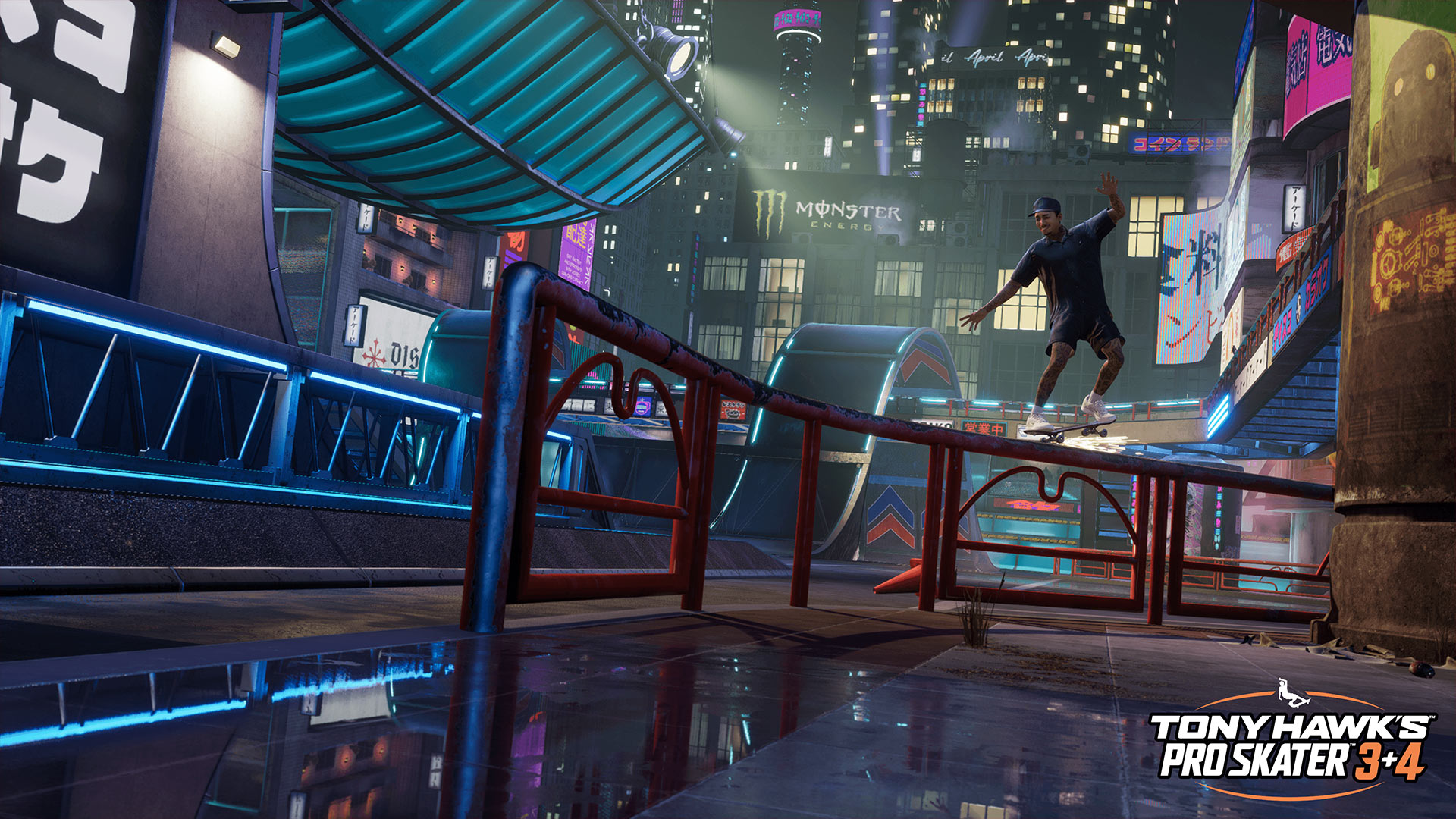 Auf dem Bild in dem Artikel zu den Tony Hawk’s Pro Skater 3 + 4 Tipps grindet ein Skater bei Nacht auf einem roten Geländer inmitten einer beleuchteten Stadtumgebung.