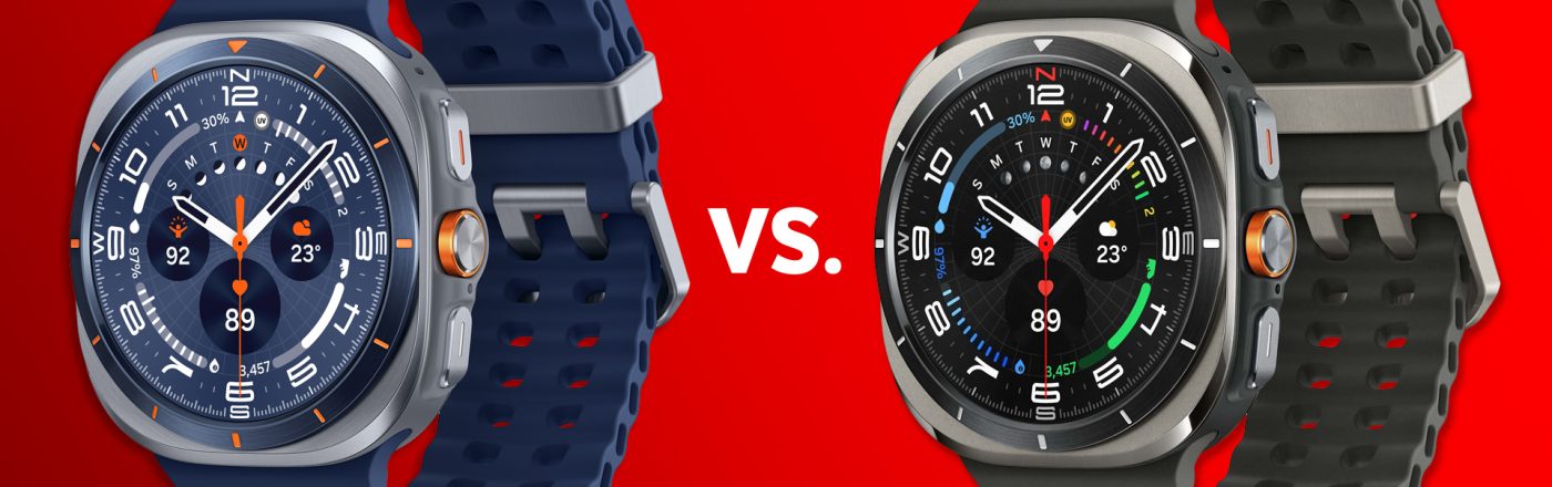 Die Samsung Galaxy Watch Ultra (2025) und die Galaxy Watch Ultra (2024) vor rotem Hintergrund.
