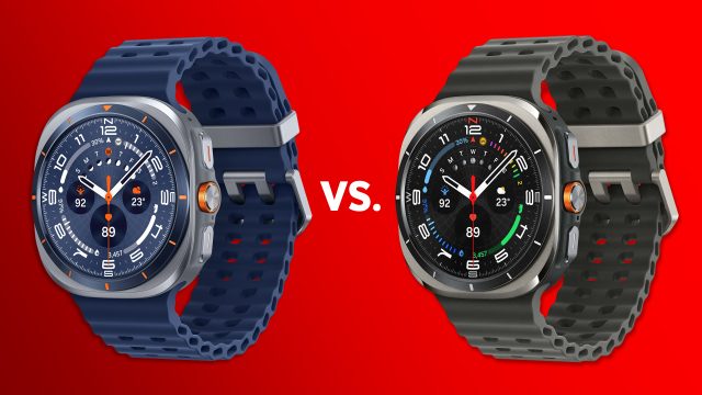 Die Samsung Galaxy Watch Ultra (2025) und die Galaxy Watch Ultra (2024) vor rotem Hintergrund.