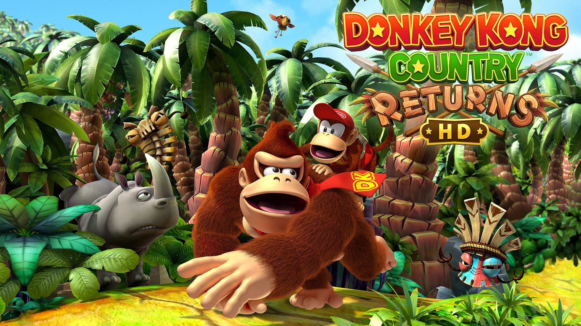 Das offizielle Cover zu Donkey Kong Country Returns HD zeigt Donkey Kong und Diddy Kong inmitten eines Dschungels. Donkey Kong streckt seinen Arm nach vorn, während Diddy Kong auf seinem Rücken sitzt. Das Logo des Spiels ist oben eingeblendet.
