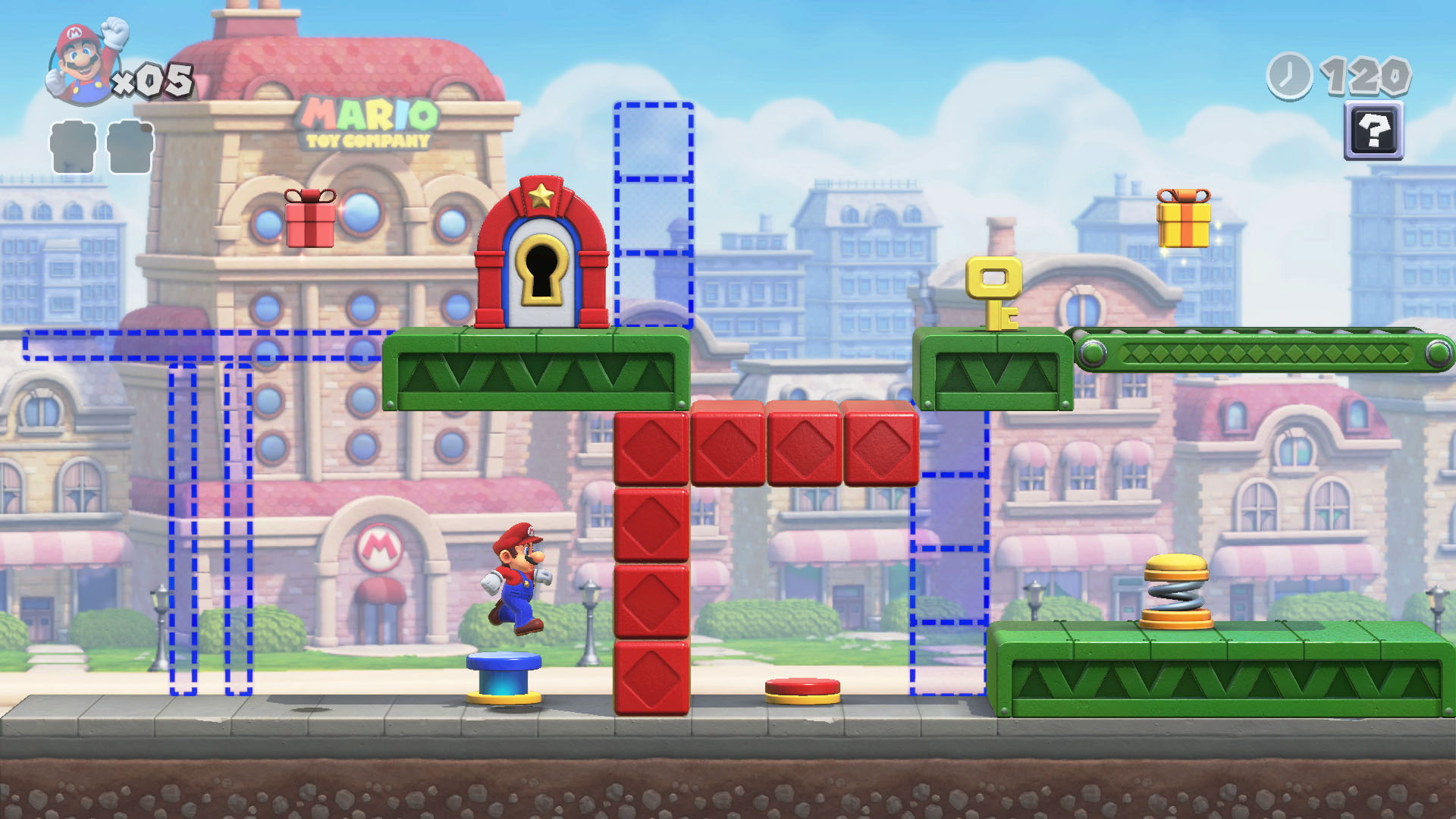 Dieses Bild aus einem Donkey Kong-Spiel im Puzzle-Stil zeigt Mario, wie er durch ein Level mit beweglichen Plattformen läuft.