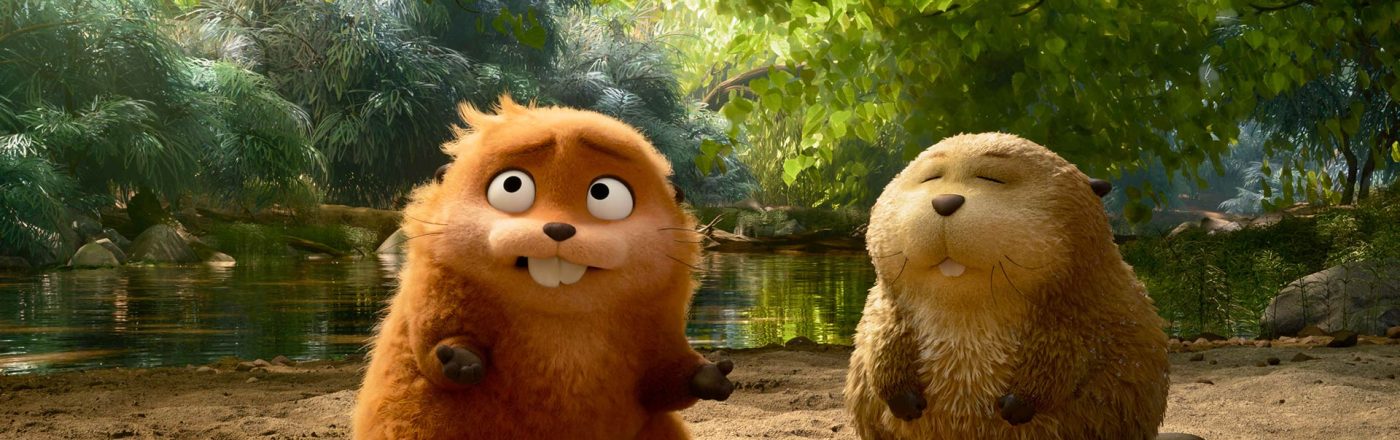 In dieser Szene aus dem neuen Pixar-Film Hoppers sitzen zwei pelzige Nagetiere mit großen Schneidezähnen nebeneinander. Links blickt das orangefarbene Tier überrascht nach oben, während das beige Tier rechts mit geschlossenen Augen entspannt wirkt.