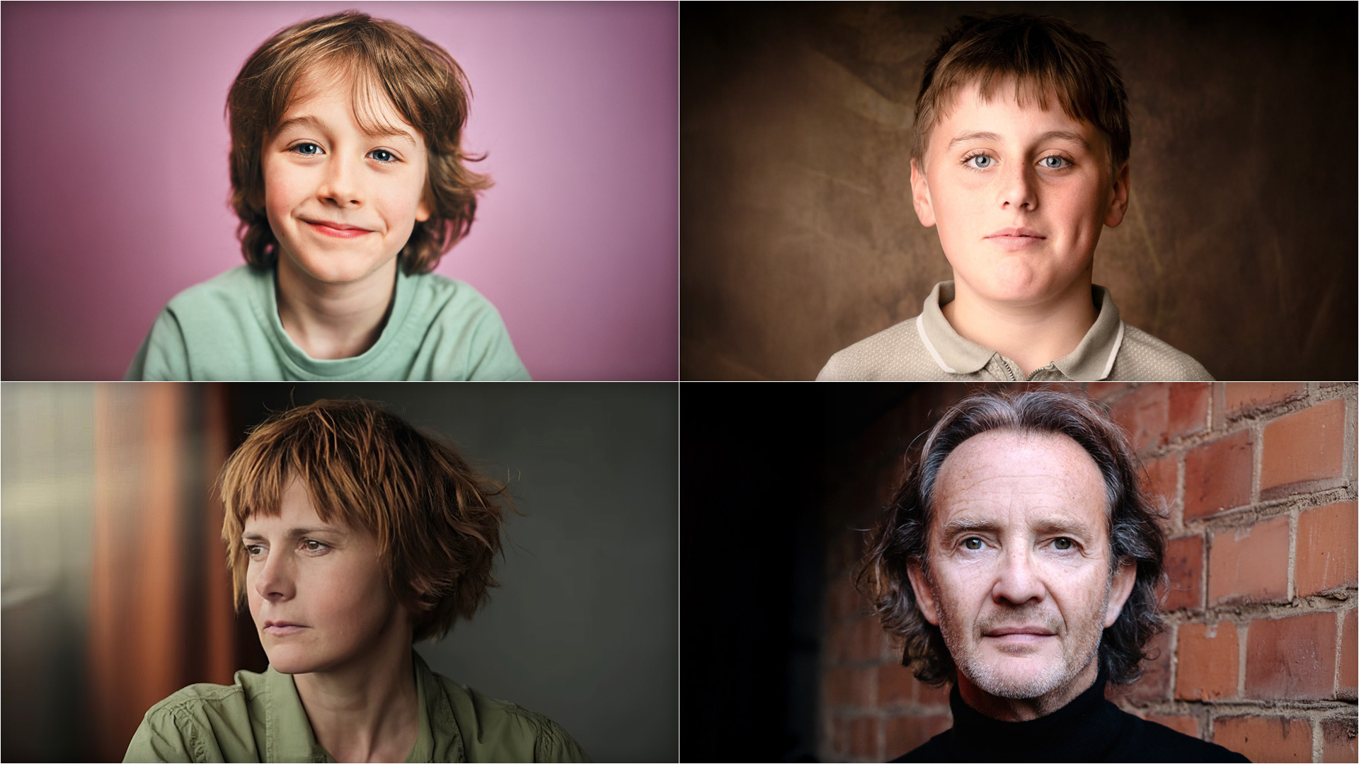 Auf dem Bild zur Harry Potter-Serie sind vier Schauspieler*innen in einem Porträt-Layout zu sehen. Oben links ist Rory Wilmot mit lockigem Haar und grünem Shirt vor lila Hintergrund. Oben rechts steht Amos Kitson mit ernstem Blick vor braunem Hintergrund. Unten links blickt Louise Brealey nachdenklich aus dem Fenster, unten rechts steht Anton Lesser mit grauen Haaren und schwarzem Rollkragenpullover vor einer Backsteinwand.