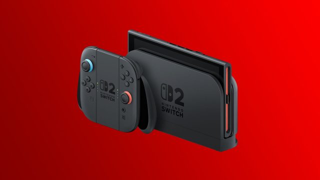 Die Nintendo Switch 2 im stationären Modus mit zwei Joy-Cons vor rotem Hintergrund.