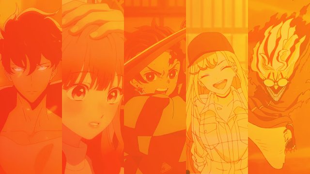 Zusammenschnitt aus Szenen der Animes „My Dress-Up Darling“, „A Sign of Affection“, „DAN DA DAN“, „Demon Slayer“ und „Solo Leveling“.