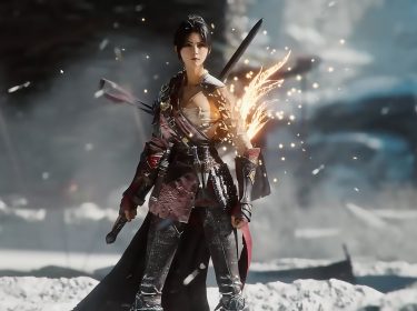 Eine Spielerin steht kampfbereit in der Spielwelt von „Wuchang: Fallen Feathers“.