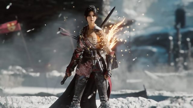Eine Spielerin steht kampfbereit in der Spielwelt von „Wuchang: Fallen Feathers“.