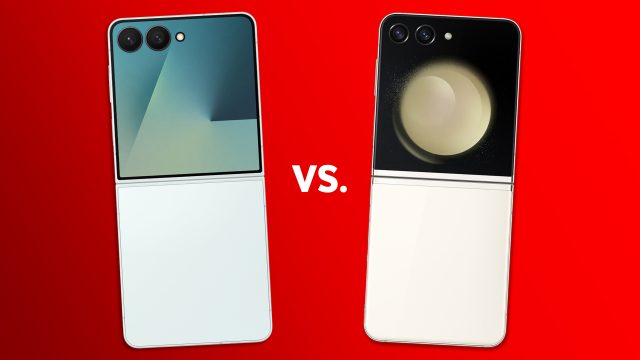 Das Galaxy Z Flip7 und Z Flip5 vor rotem Hintergrund