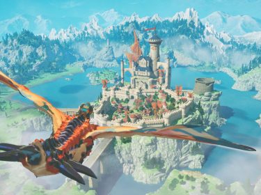 In dieser Szene aus Monster Hunter Stories 3 fliegt ein Reiter auf einem feurig gefärbten Rathalos über die mittelalterlich anmutende Stadt Azuria, die auf einem Felsplateau zwischen Seen und Bergen liegt. Die imposante Burg im Zentrum ist von roten Bannern geschmückt. Die Stimmung wirkt abenteuerlich und fantasievoll