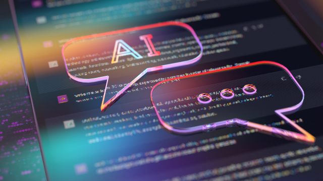 Auf diesem stilisierten Bild zum KI-Modelle-Vergleich sind zwei leuchtende Sprechblasen vor einem digitalen Hintergrund mit Programmcode zu sehen. In der linken Sprechblase steht „AI“, in der rechten sind drei Punkte dargestellt, was auf ein Gespräch zwischen KI-Modellen hindeutet. Das farbenfrohe, moderne Design vermittelt einen technischen und innovativen Eindruck.