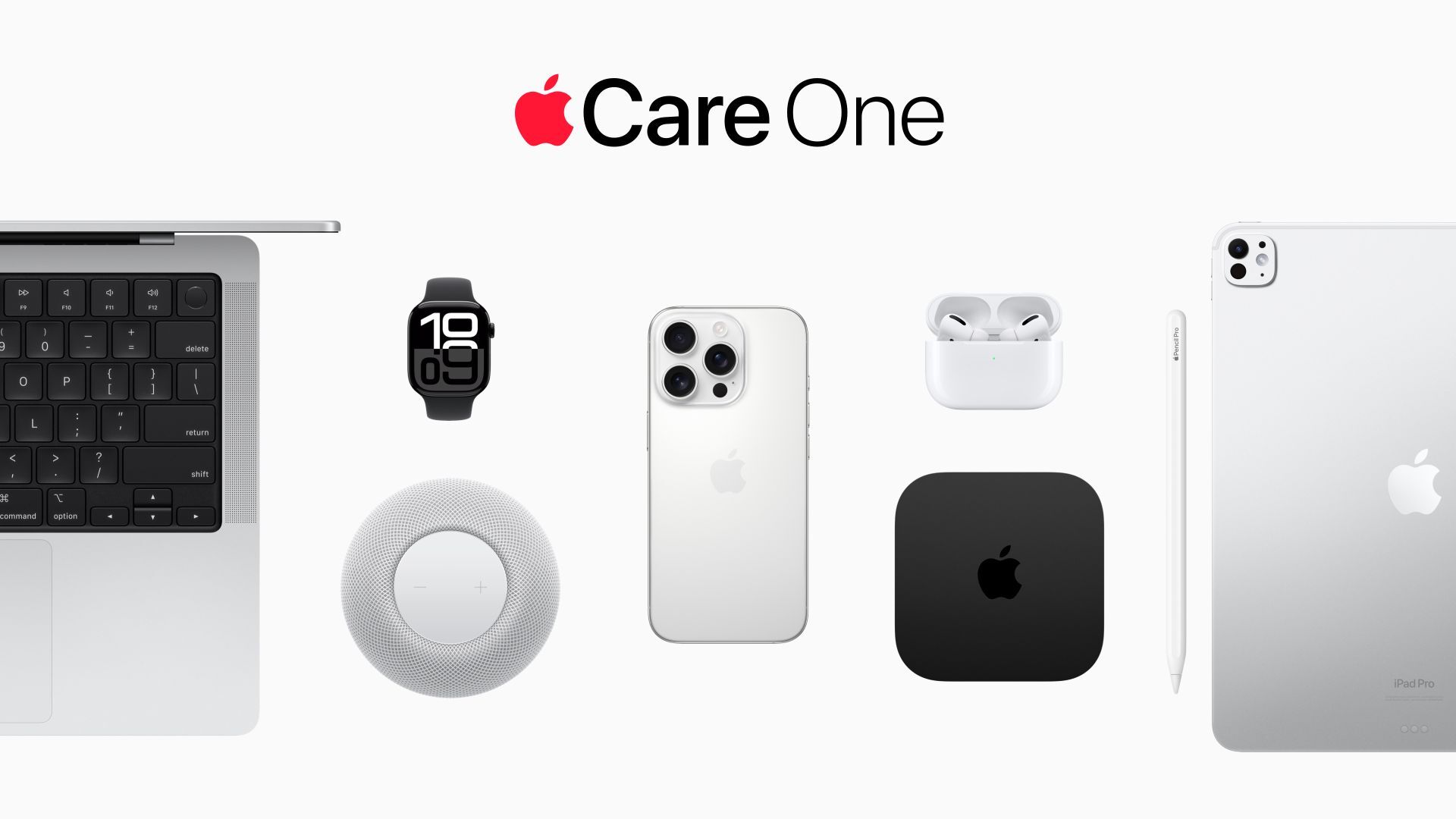 Einige Apple-Geräte und der Schriftzug der neuen Versicherung AppleCare One.
