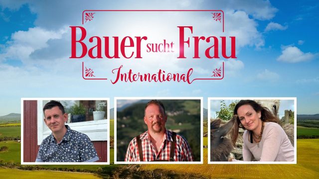 Auf dem Bild zu Bauer sucht Frau International 2026 ist das Logo der Sendung zu sehen. Darunter sind drei Porträts von Kandidat:innen aus verschiedenen Ländern eingeblendet.
