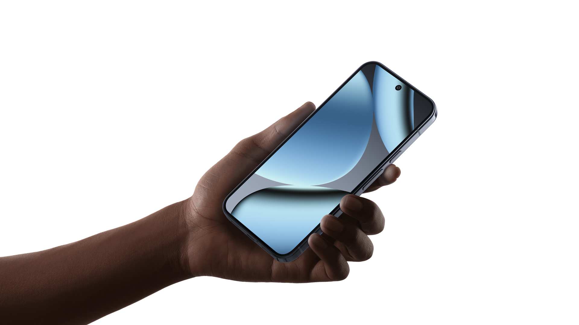 Auf dem Bild ist das Google Pixel 10 Pro XL aus der Google Pixel 10-Reihe in einer Hand zu sehen. Gezeigt wird die Vorderseite mit dem großen, randlosen Display und zentraler Frontkamera. Das Display zeigt ein abstraktes bläuliches Hintergrundbild. Das Smartphone wirkt hochwertig und elegant in seiner Verarbeitung.