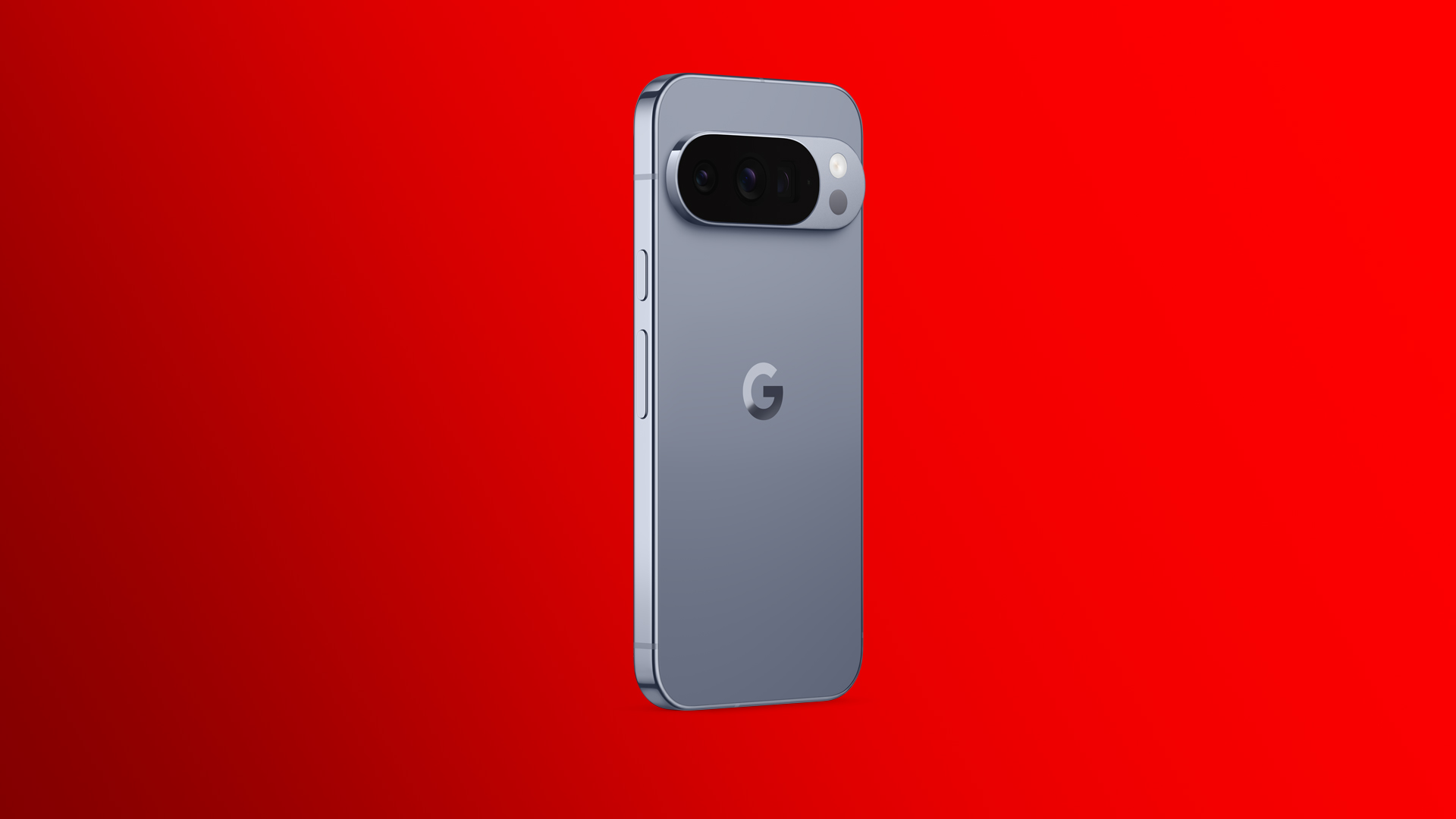 Das Bild zeigt ein schwebend inszeniertes Google Pixel 10 Pro aus der Google Pixel 10-Reihe in der Farbe Moonstone (Grau) vor einem kräftigen roten Hintergrund. Die Rückseite mit Kameraeinheit, drei Linsen, LED-Blitz und mattem Gehäuse mit „G“-Logo steht im Fokus. Die Aluminiumrahmen wirken kantig und hochwertig.