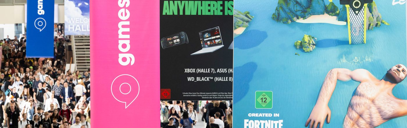 Auf dem Bild von der gamescom 2025 sind viele Besucher:innen auf dem Messegelände zu sehen. Über der Menge hängen große Banner mit dem Logo der Messe sowie Werbeplakate zu bekannten Videospielen.