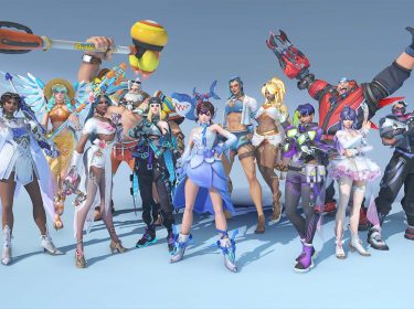 Held:innen aus „Overwatch 2“ mit Skins aus Season 18 vor blauem Hintergrund.